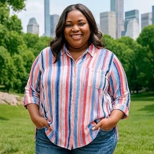 Striped Button-Up Blouse Plus Size 3XL Top 3/4 Sleeve NEW Red Blue White Summer